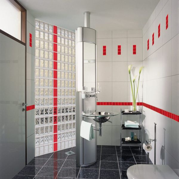 Red glass block vertical row in a clear wave pattern shower wall - Innovate Building Solutions  