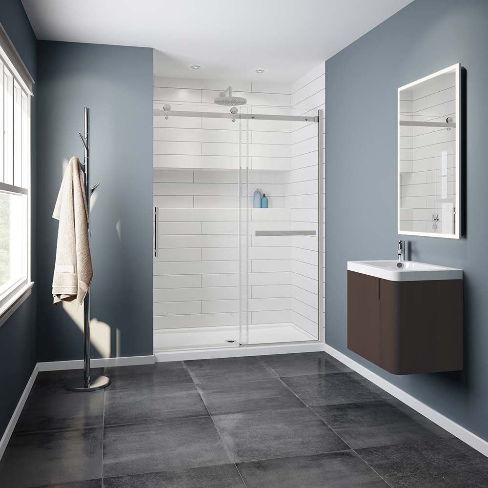 Sliding glass shower door kit with wall panels and shower base