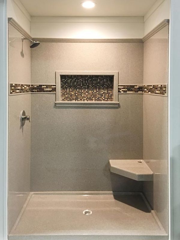 Solid surface shower wall panel decorative tile and recessed niche with crown molding 