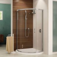 Arc shaped acrylic shower pan 40 inch x 40 inch with a sliding shower door - Innovate Building Solutions 