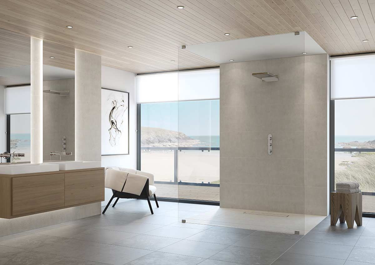 True linear base for a contemporary one level bath and shower floor - Innovate Building Solutions 