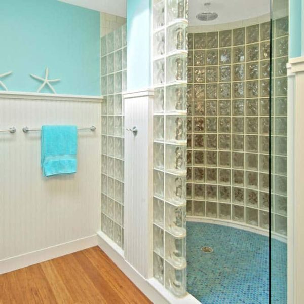 Wave pattern curved and straight glass block walls in a Columbus Ohio bathroom remodel - Columbus Glass Block 
