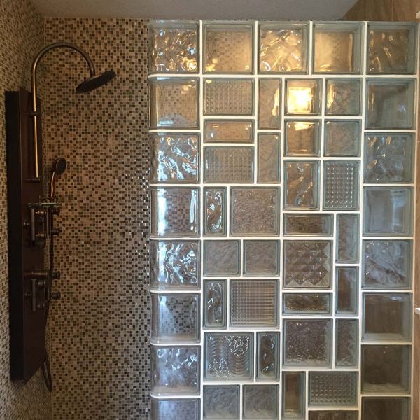 Multiple pattern glass block shower wall with finished ends  - Innovate Building Solutions 