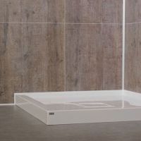 Acrylic shower base with Fibo rough wood 24 x 24 wall panels 
