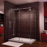 60 x 36 rectangular corner shower pan with a sliding barn door style glass door - Innovate Building Solutions 