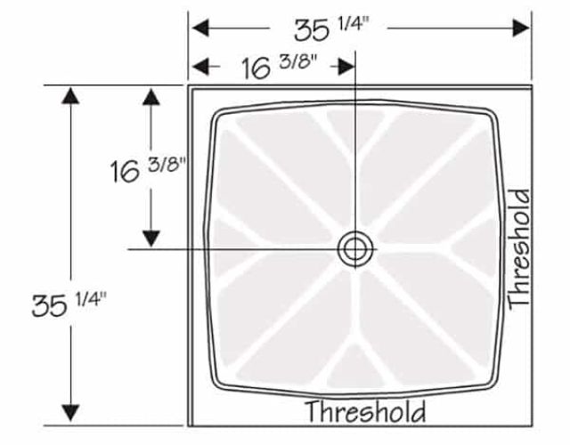 36" x 36" two-sided corner shower pan layout 