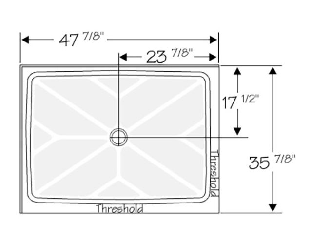 48" x 36" two-sided corner shower pan layout 