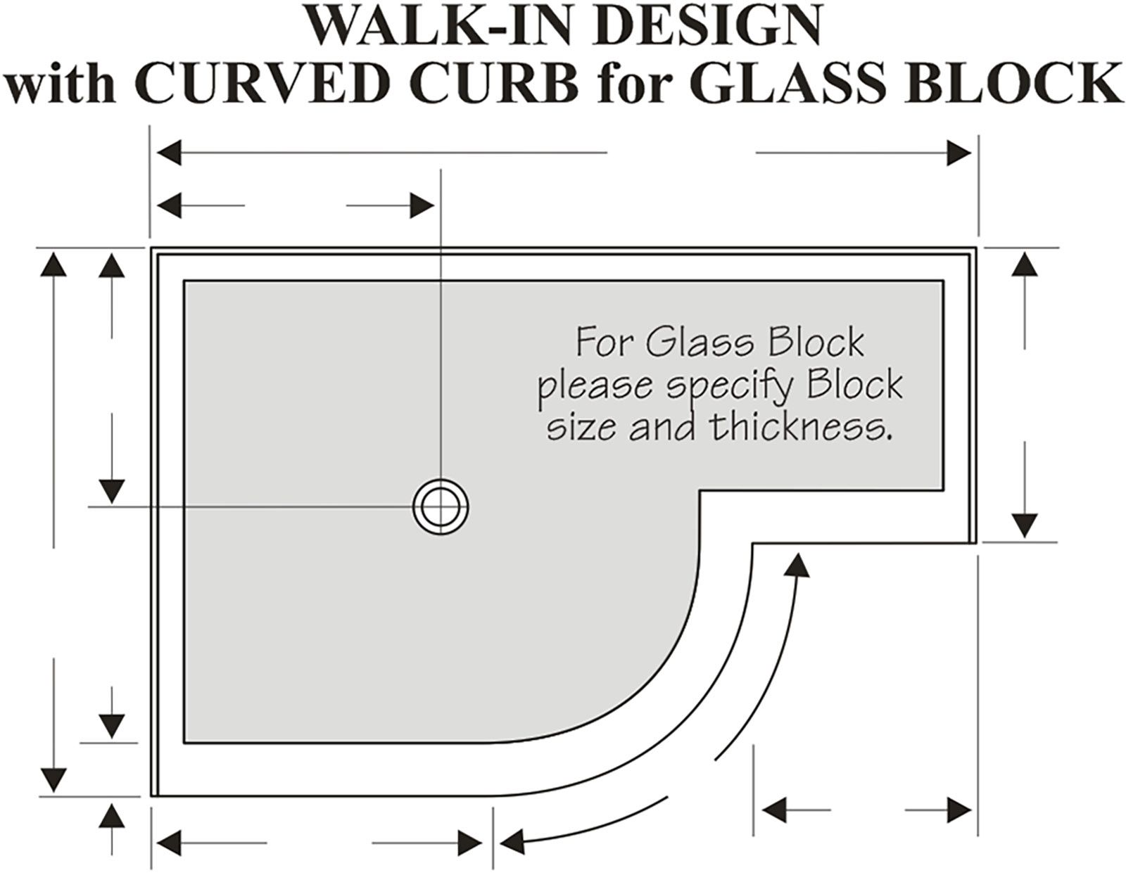 walk-in custom curved glass block shower pan in solid surface 