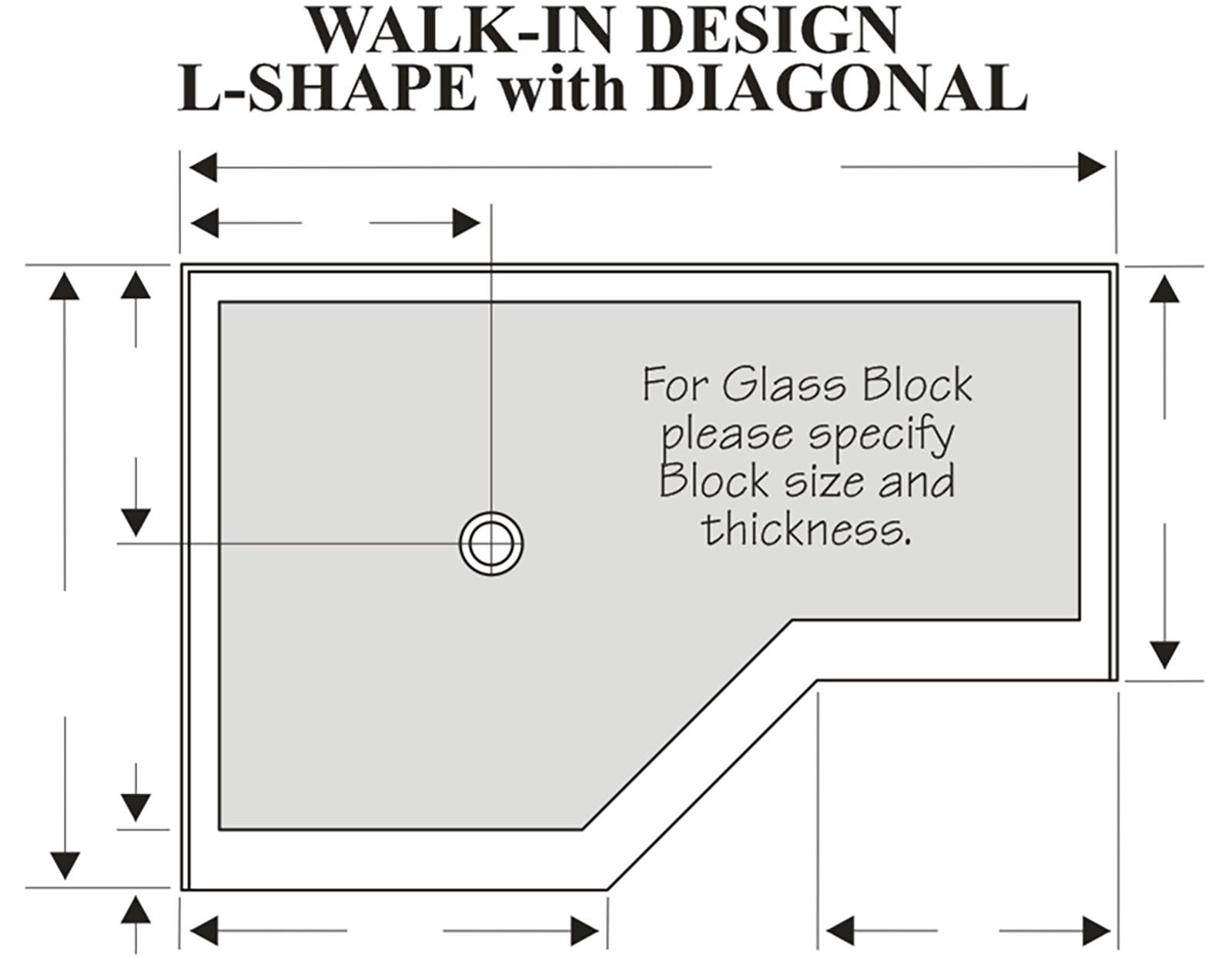 Walk in glass block shower pan with a 45 degree angle made of solid surface 