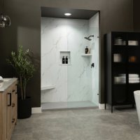 WhiteCarrara with a InnovaStone matte grey base center drain