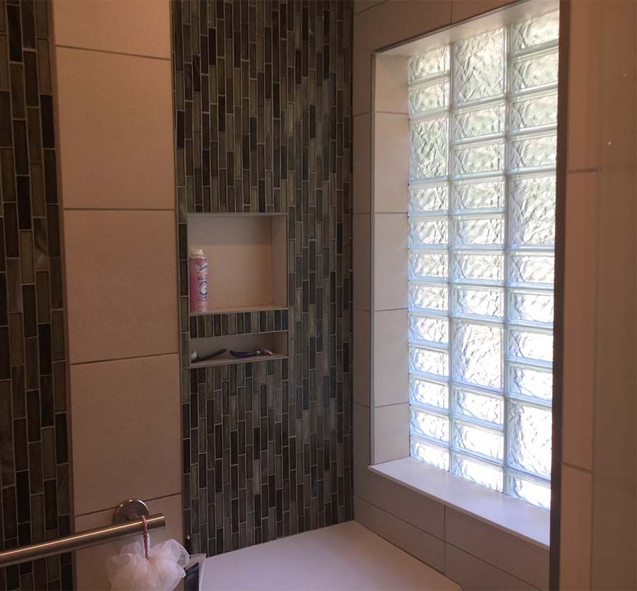 Iceberg glass block pattern high privacy window in an accessible shower - The Bath Doctor University Heights Ohio 