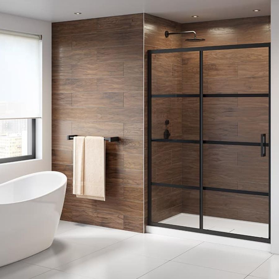 Matte black sliding frameless alcove shower door - LA Collection 