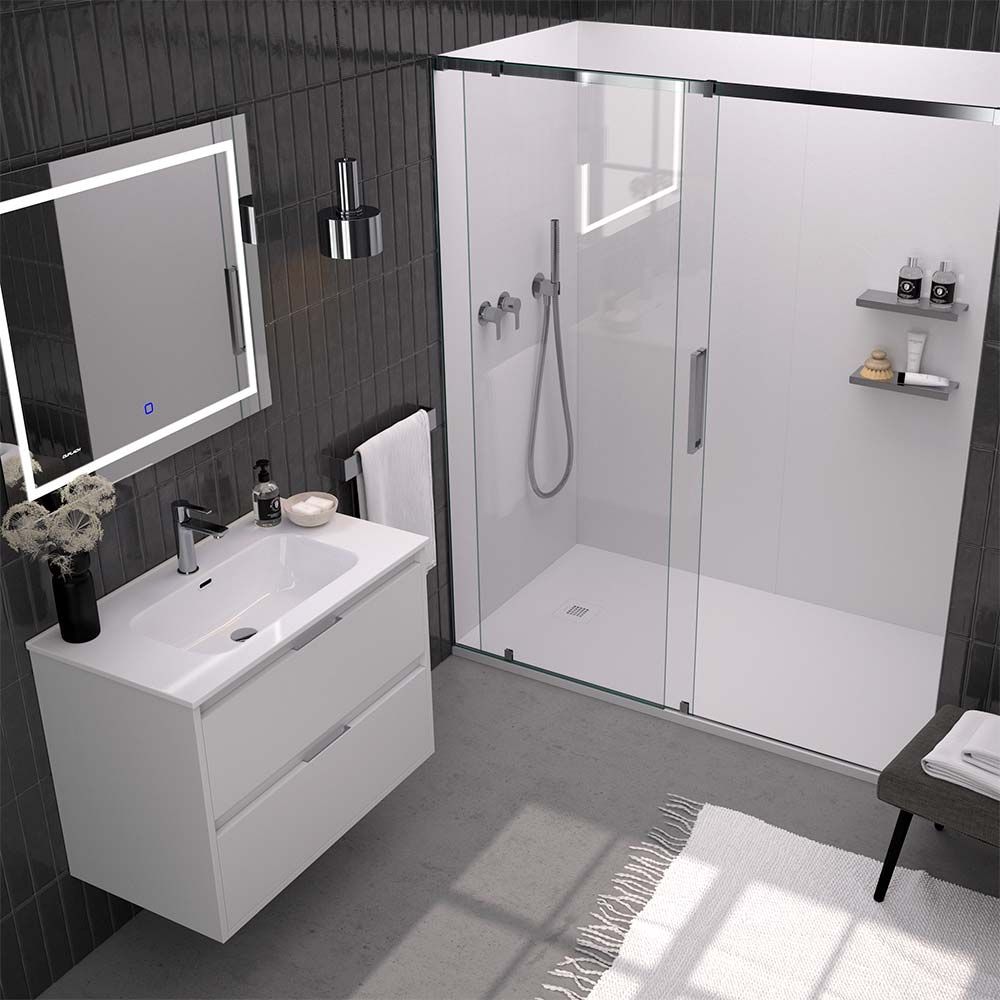 Modern bathroom with low profile shower base in white with white laminate shower wall panels 