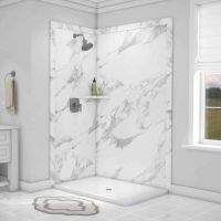 calacatta white 48 x 36 shower surround kit with a corner shelf