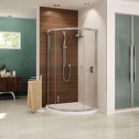 Arc shaped corner shower with a low profile acrylic shower pan in brushed nickel - CAP Collection - Innovate Building Solutions 