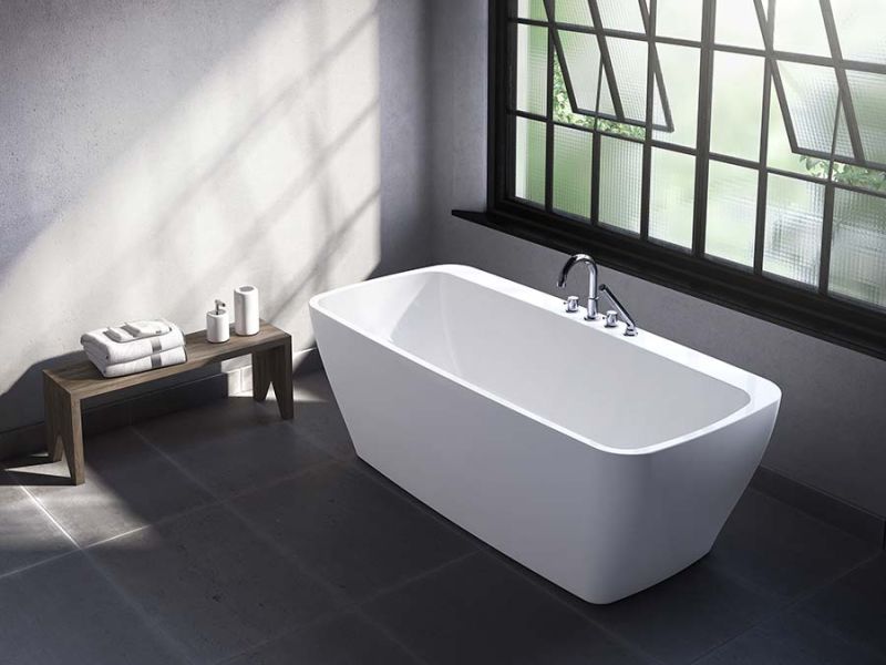 Contemporary - curved large double-ended acrylic freestanding tub with deck mount filler