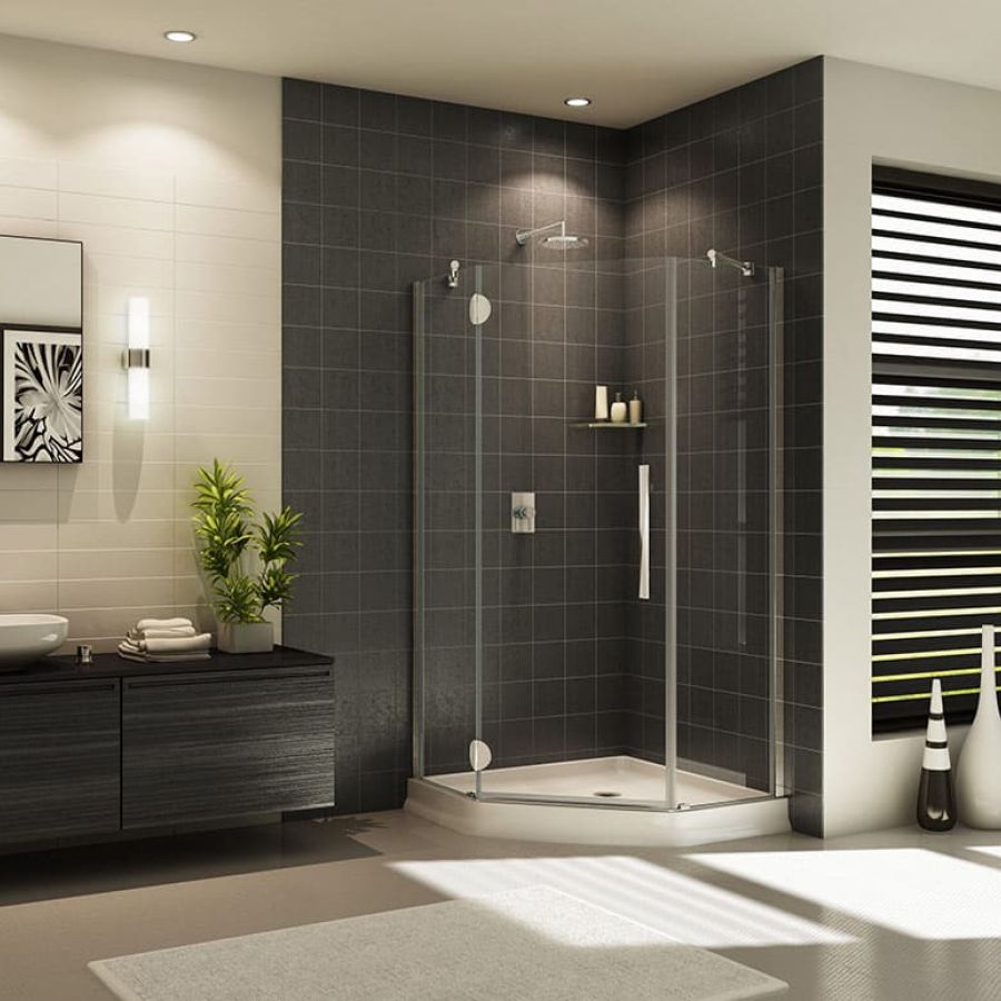 Frameless NEO angle shower with support bars and round hinges- PL Collection from Innovate Building Solutions 