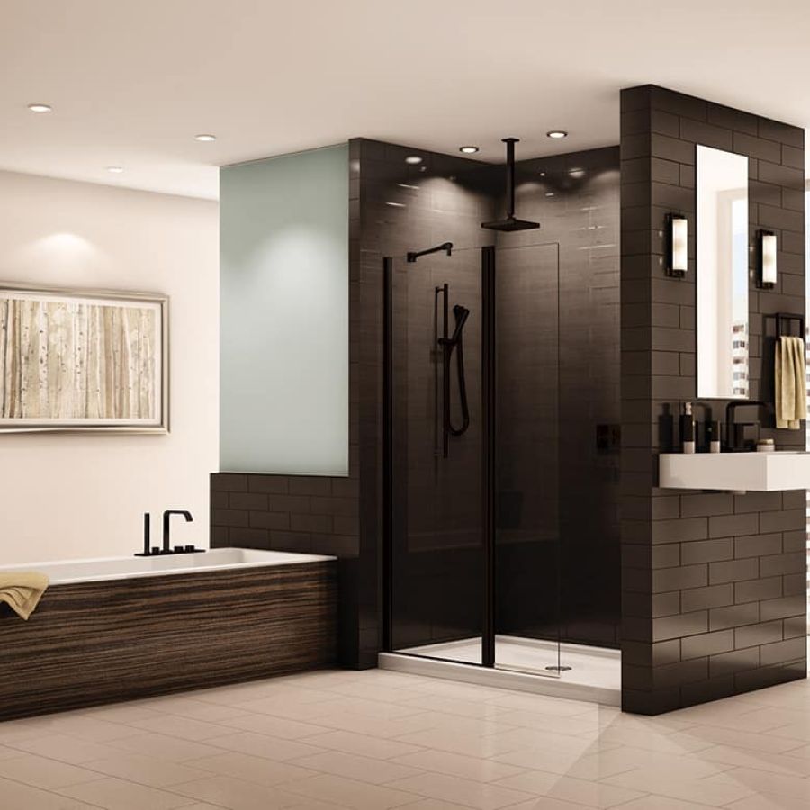 Partial pivoting glass walk in shower door in matte black 1/4" thick - SI Collection 