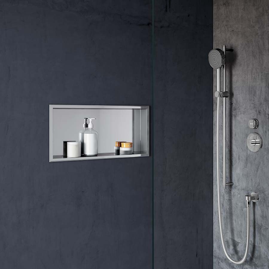 Stainless steel 24 x 12 shower niche in a replacement shower - The Bath Doctor shower replacement company 