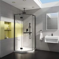 NEO angle matte black glass pivoting glass shower door and low profile shower pan PUR Collection - by Innovate Building Solutions 
