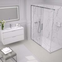 Modern low profile shower pan in white marble 60 x 32 size with corner glass sliding doors 