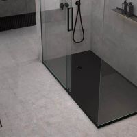 Contemporary matte black shower pan 60 x 32 size with walk in glass walls 