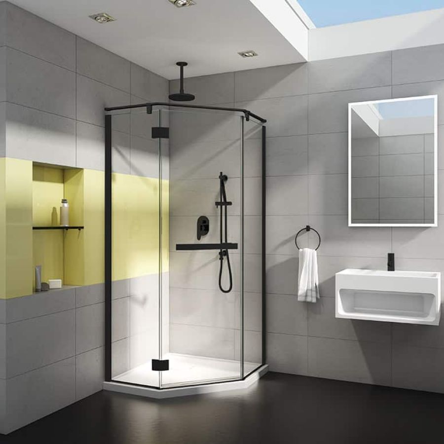NEO Matte Black Angle pivoting shower door on a NEO angle base with 1/4" thick glass - PUR Collection 