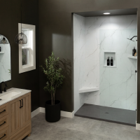 White Carrara InnovaShower with a InnovaStone matte dark grey bases center drain