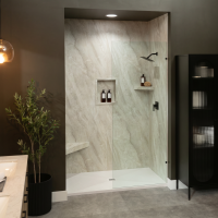 Crema Marfil InnovaShower with a InnovaStone matte matte bases center drain