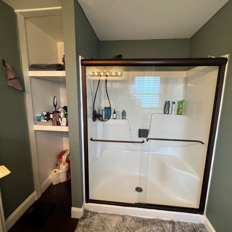 BEFORE white herringbone fiberglass shower with large seat LARGE