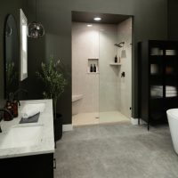 Tuscany Sand InnovaShower with a InnovaStone matte Sand bases center drain