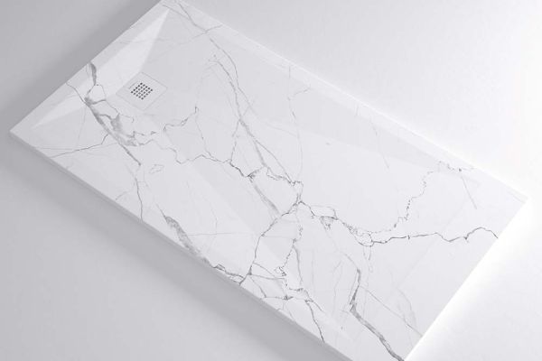 White marble shower pan showing standard side drain location in a 60 x 32 size 
