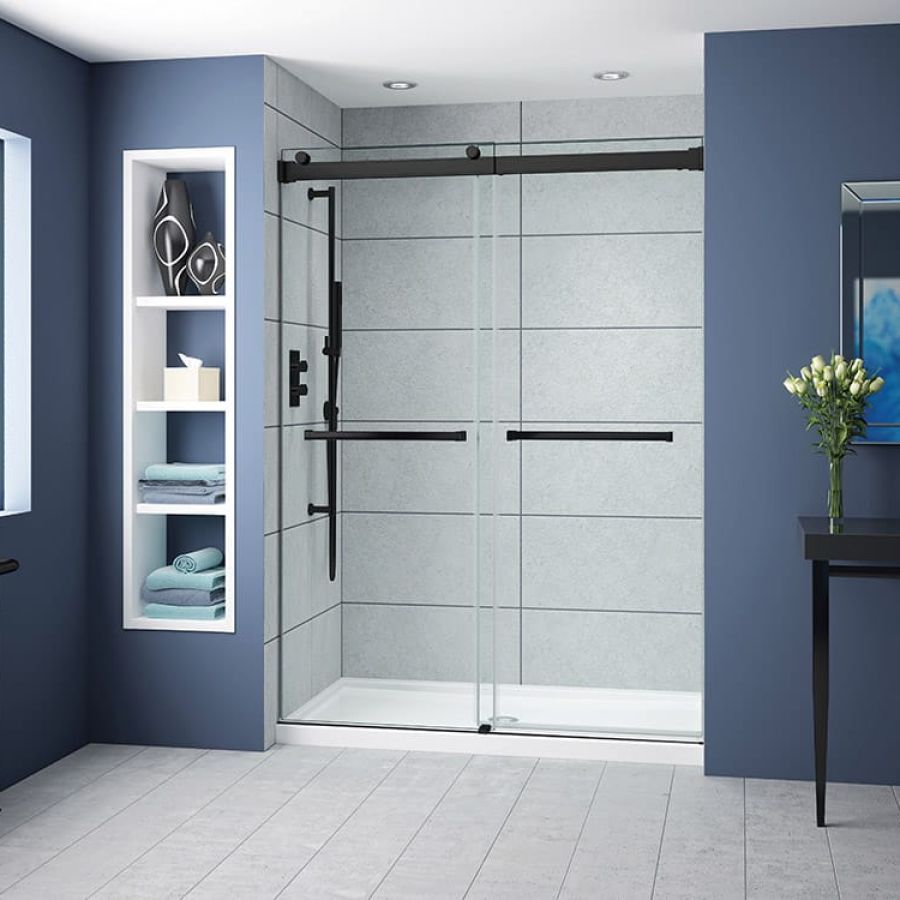 3/8" thick matte black bypass sliding alcove shower doors - GE Plus Series
