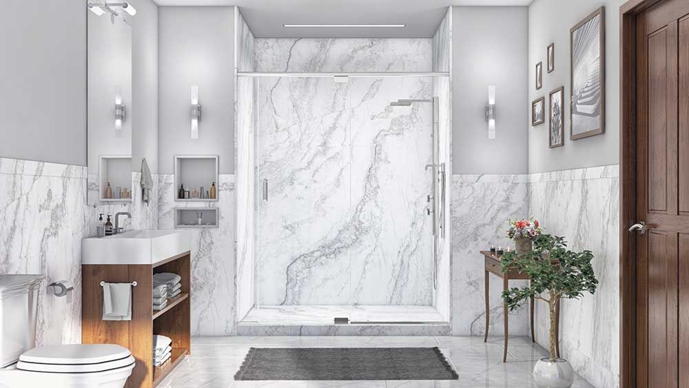 White Pearl Royal Shower Kit with a matching shower pan and wainscoting in the bathroom 
