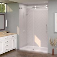 White herringbone grout free wall panels and white shower pan