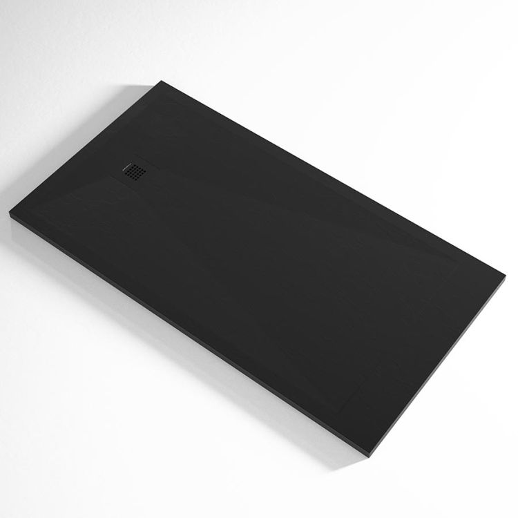 60 x 32 matte black solid surface low profile shower pan with a matte black drain cover 