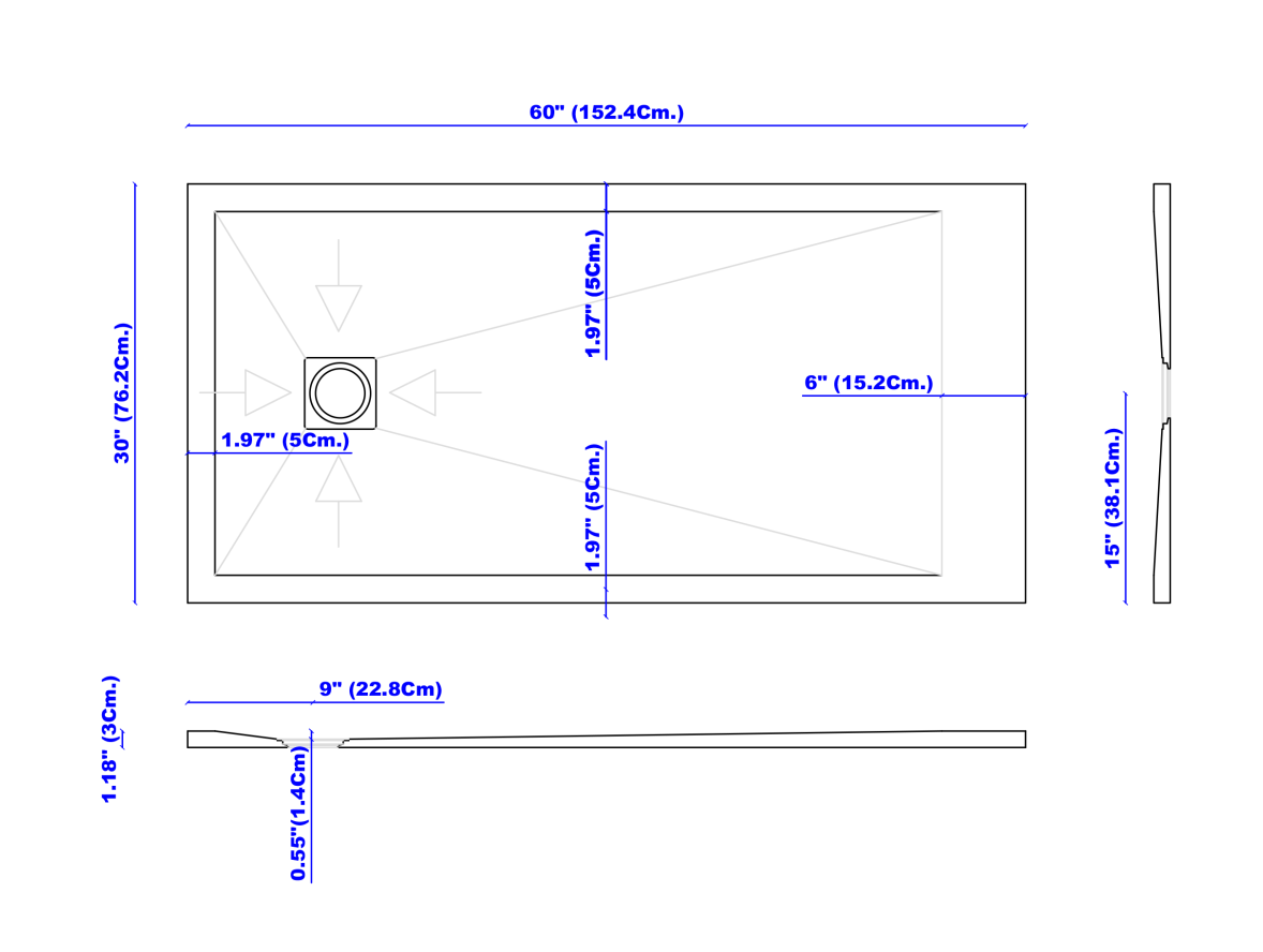 60 x 30 in. low profile  shower base with side drain schematic