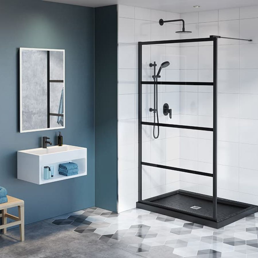Matte black 5/16" thick fixed framed walk in shower - LI Collection 