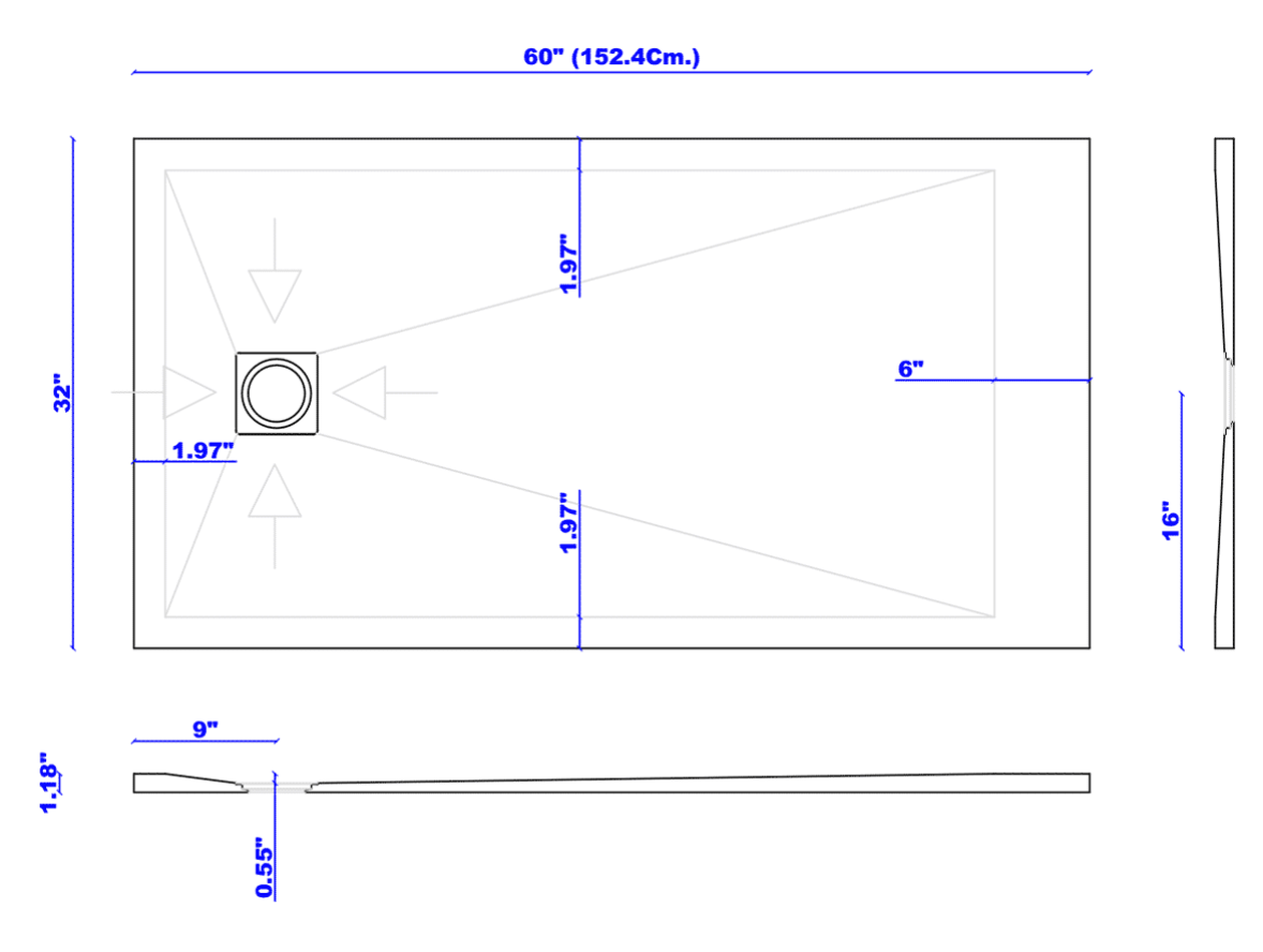 60 x 32 in. shower base with side drain schematic