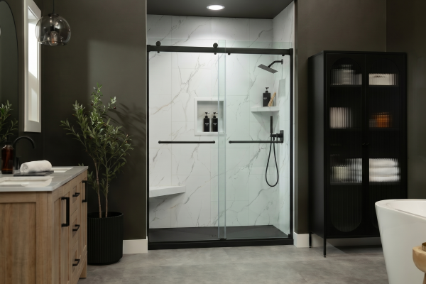 White Carrara - Bypass Door - Alcove Shower Surround - Brushed Nickel Finish (1)