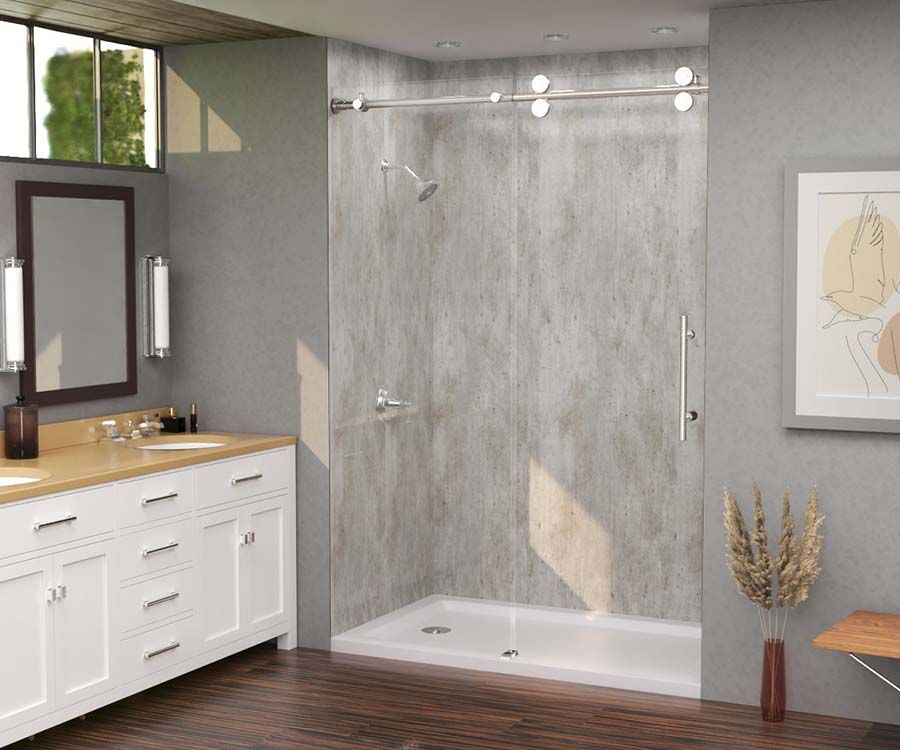 Laminate cracked cement shower wall panels with a framed sliding glass door 