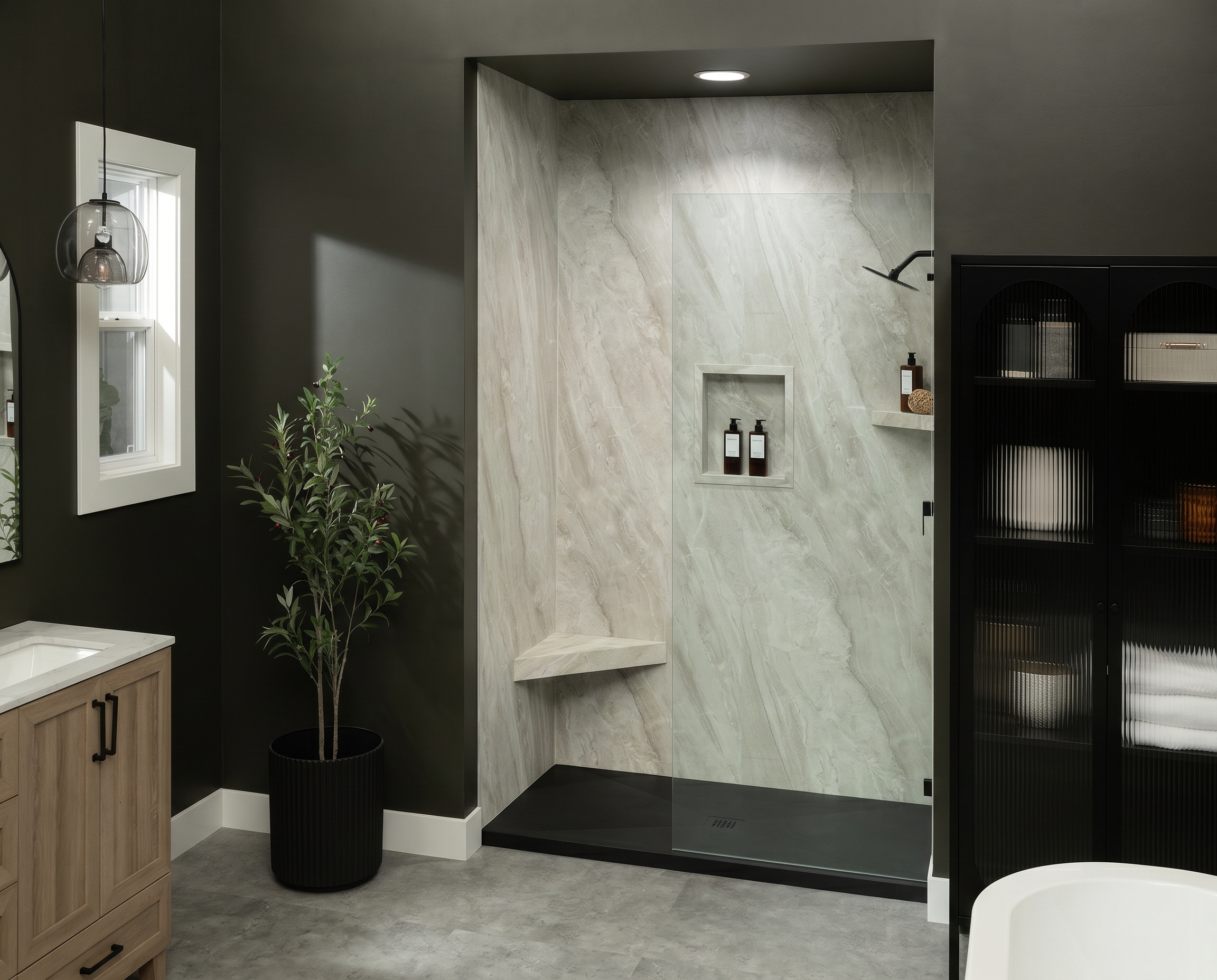Crema-Marfil-InnovaShower with a InnovaStone matte black bases center drain