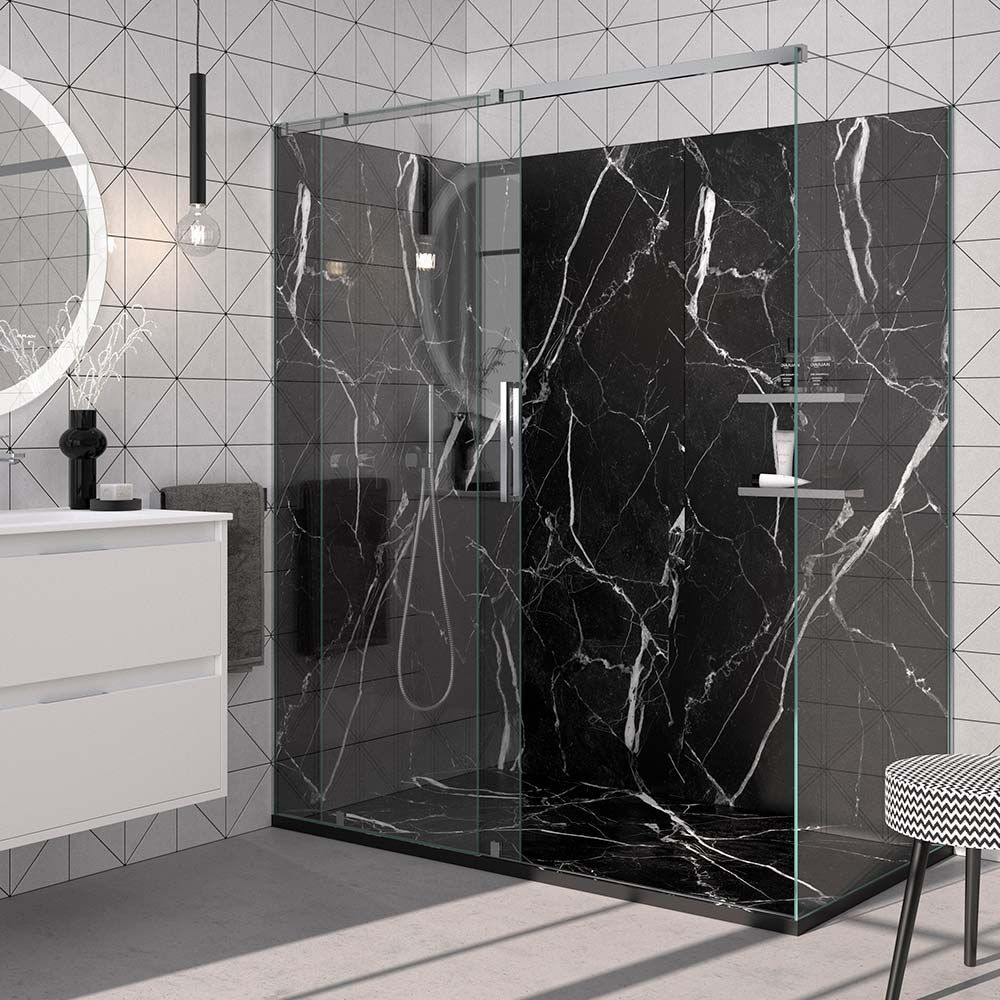 Modern bathroom with low profile shower base in black marble
