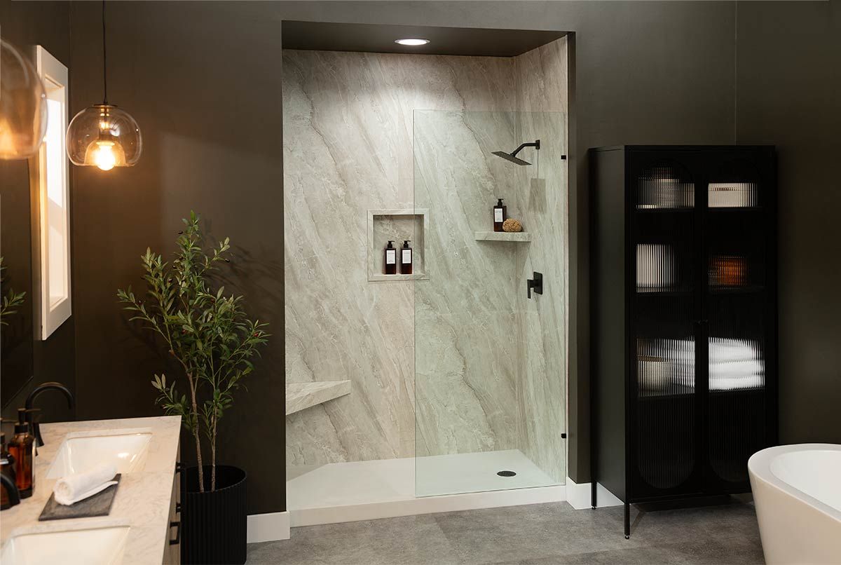 polished stone shower walls