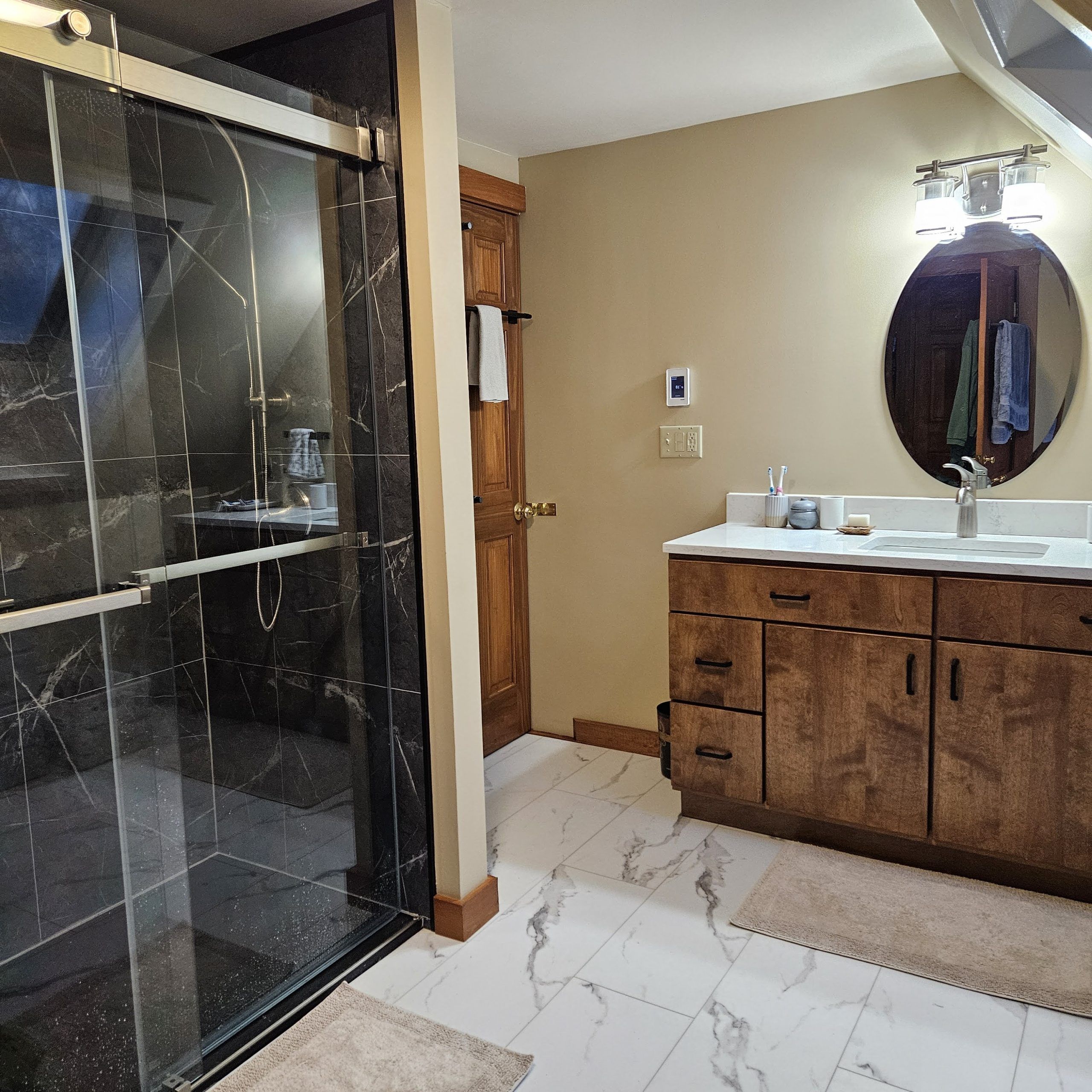 Black marble shower wall panels brushed nickel 60 inch bypass door | Innovate building solutions | Bathroom remodeling | Home Improvement | home design