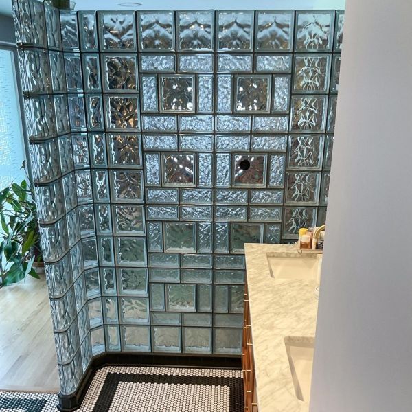 Glass Block Shower wall with walk in shower with multi pattern glass blocks