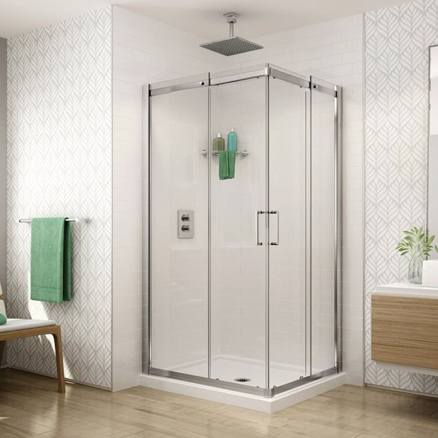 Square semi-frameless corner pivoting shower doors in a chrome finish 1/4" thick - AP Collection 