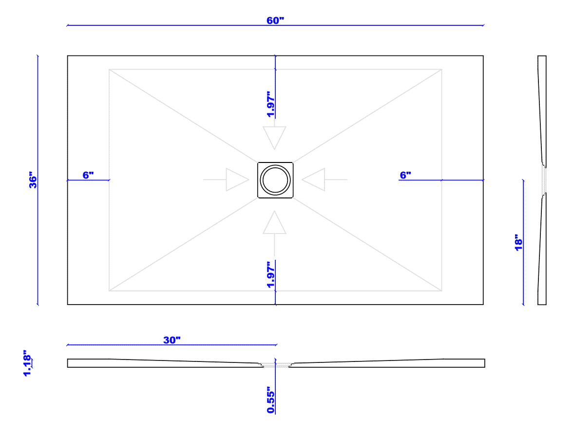 60 x 36 in. low profile  shower base with center drain schematic