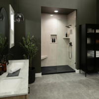 Tuscany Sand InnovaShower with a InnovaStone matte black bases center drain