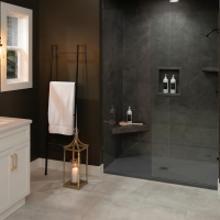 Graphite Marble InnovaShower with a InnovaStone matte dark gray bases center drain